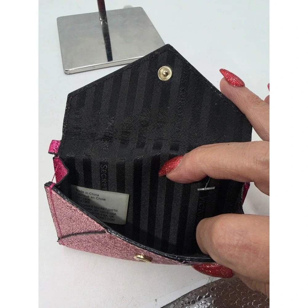 Victorias Secret Pink Glitter Envelope Card Case Red Lips Keychain Wallet